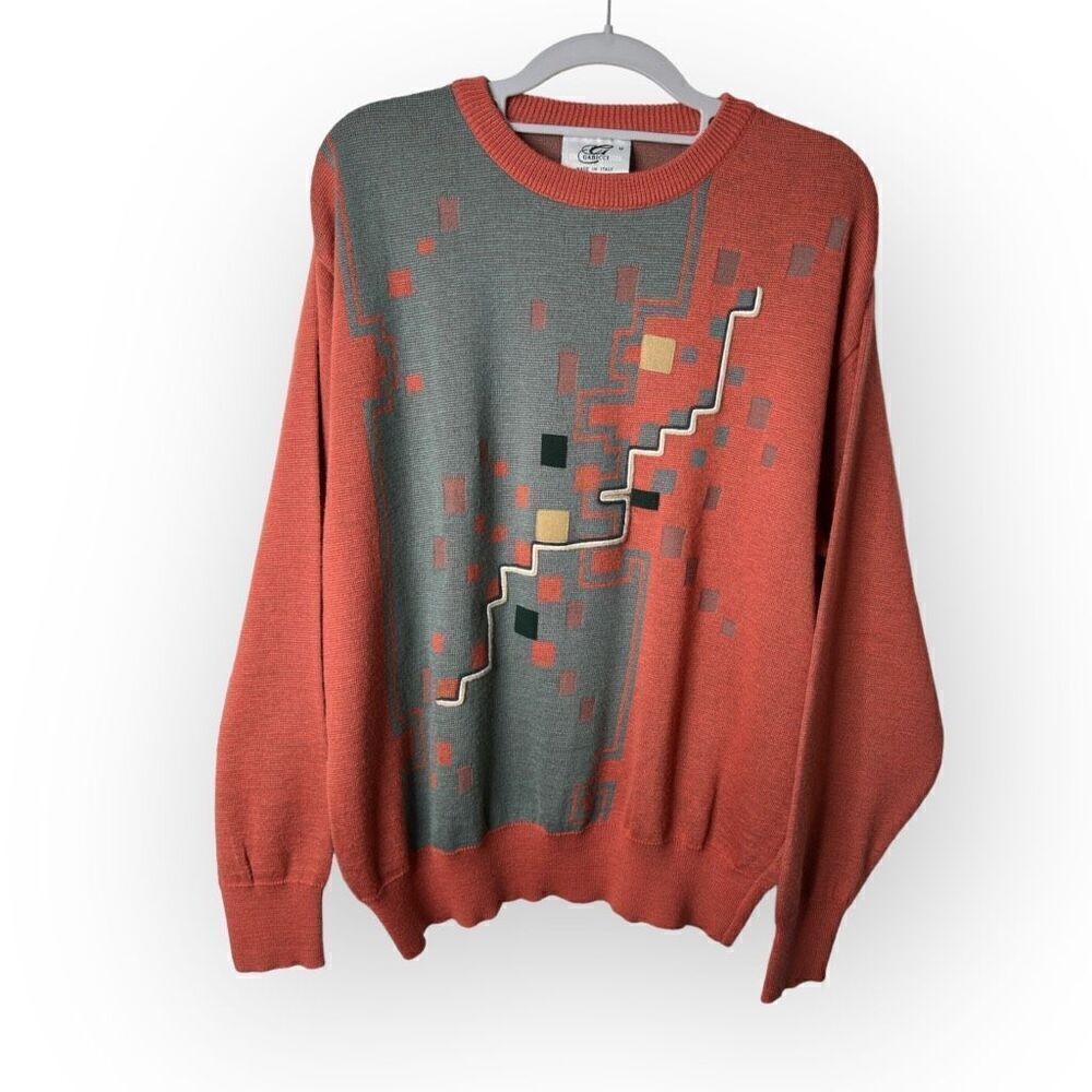 Gabicci crew neck sweater geometric print wool/acrylic size medium orange/grey